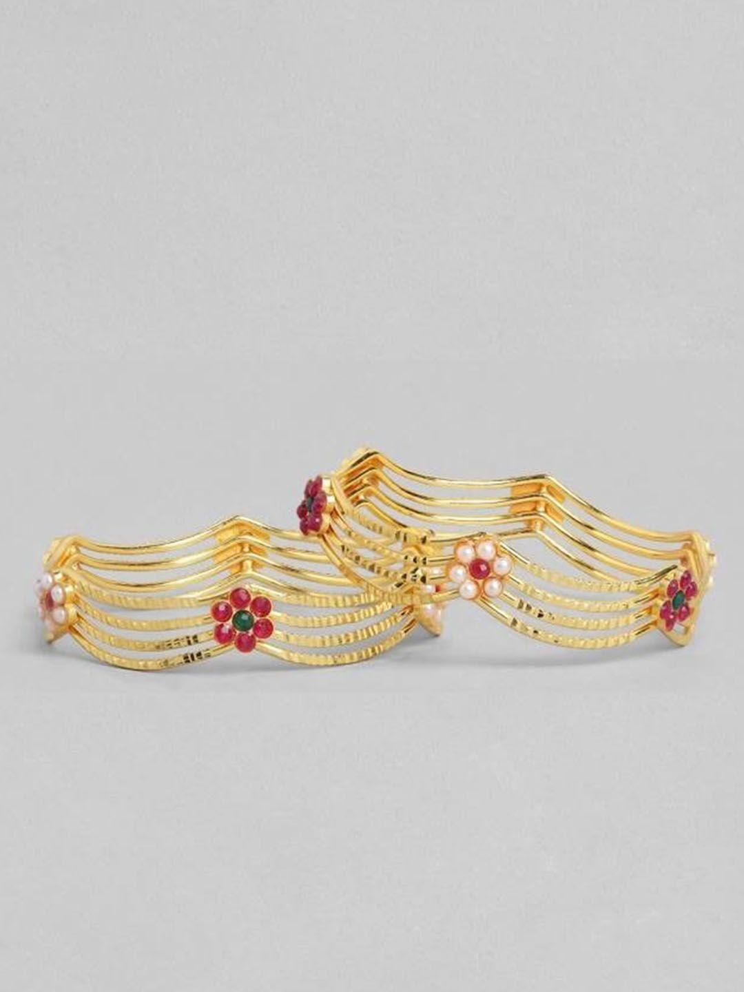 jewar mandi set of 2 gold-plated red & green stone-studded bangles