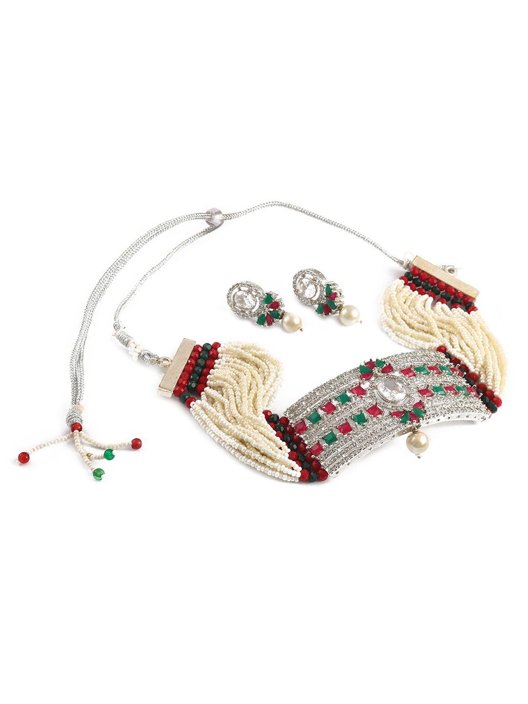 jewar mandi silver-plated kundan studded & beaded jewellery set