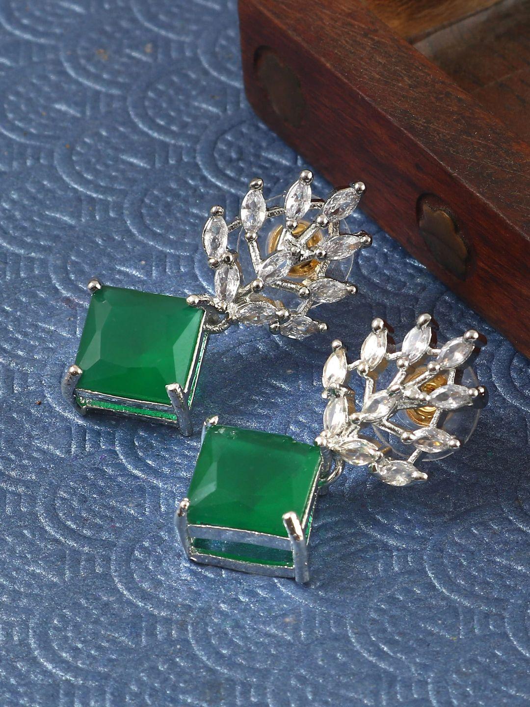 jewar mandi silver plated leaf shaped cubic zirconia drop earrings