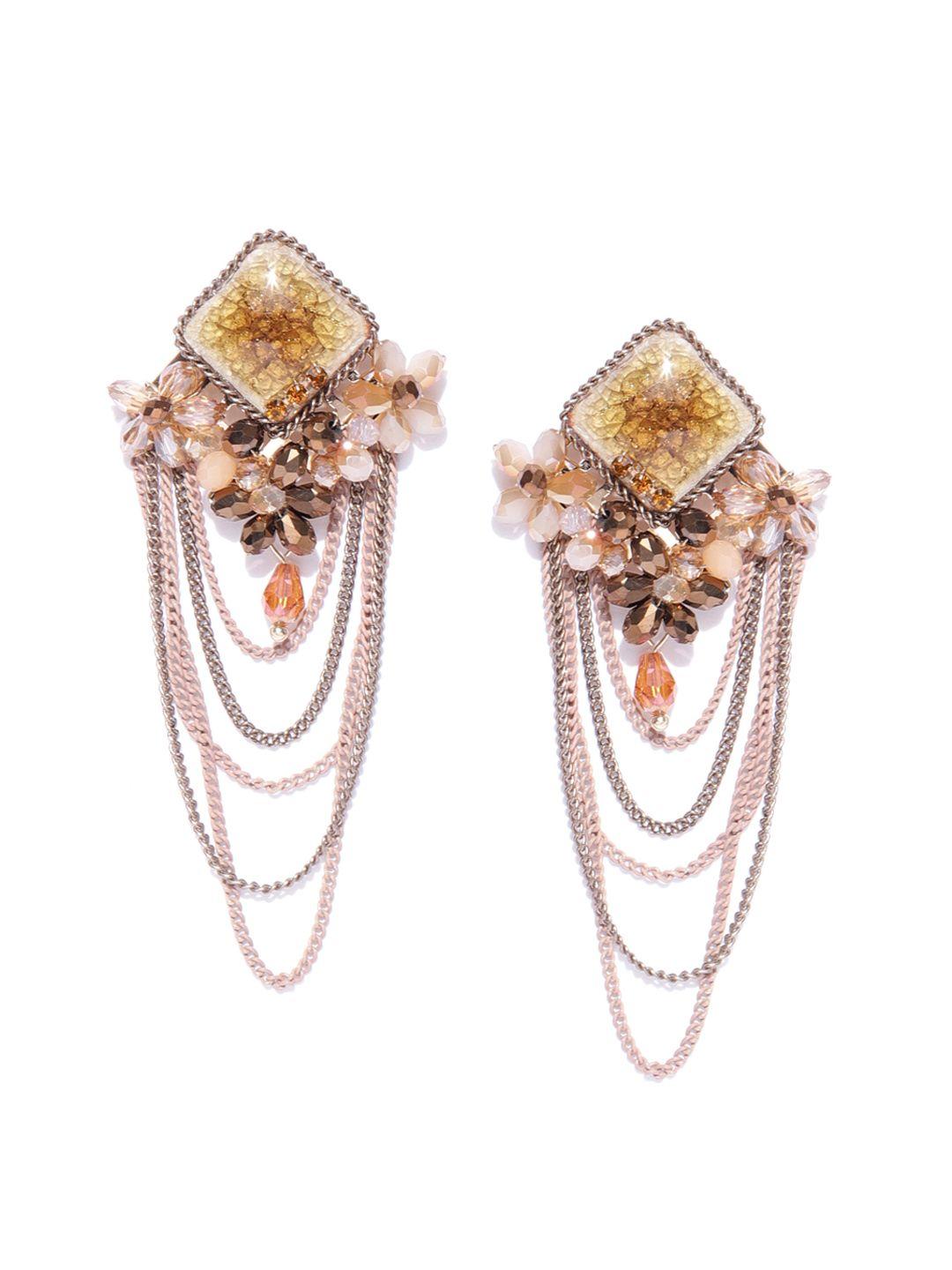 jewels galaxy beige & peach-coloured gold-plated stone-studded handcrafted drop earrings
