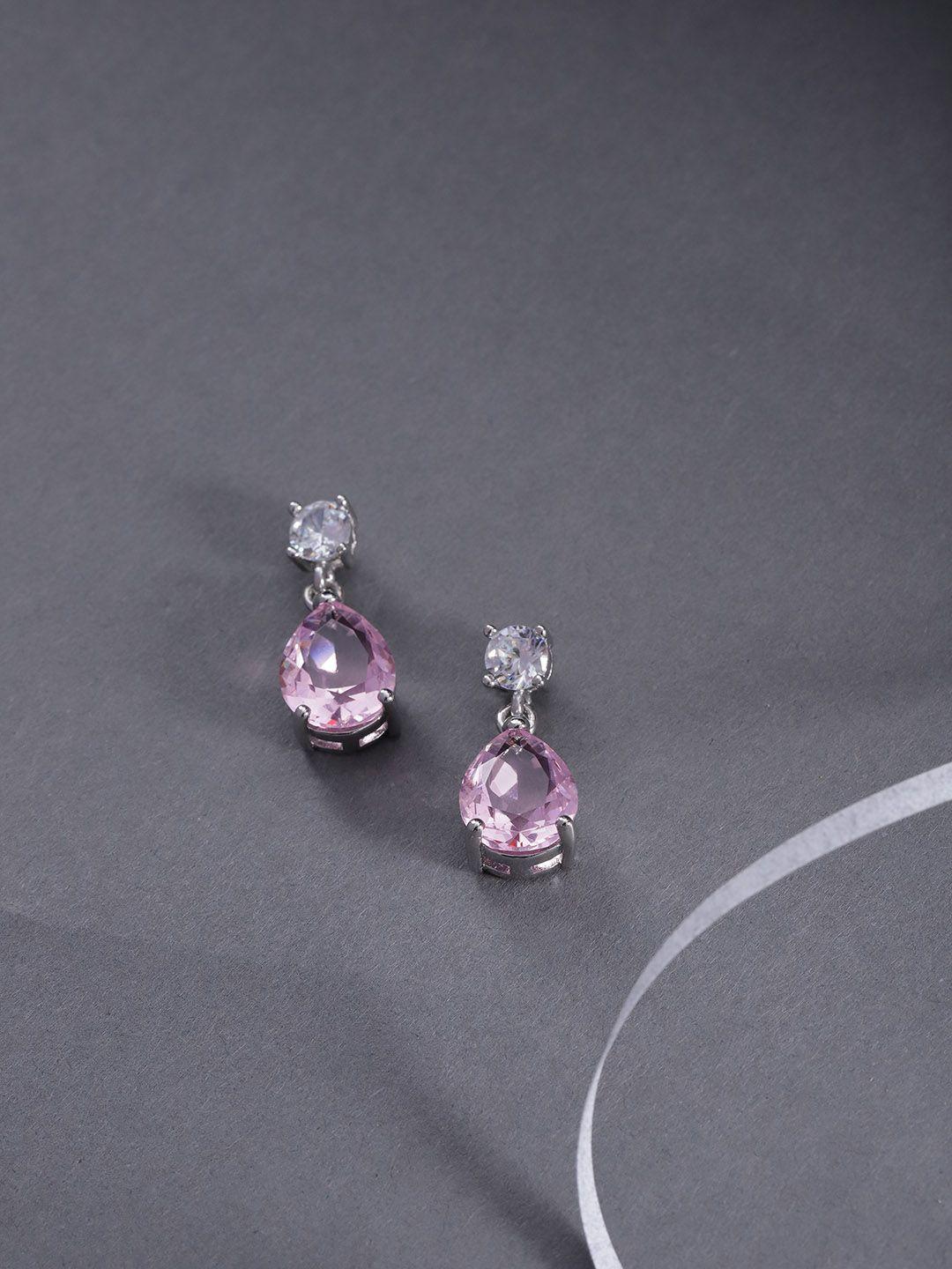 jewels galaxy pink silver-plated stone studded teardrop shaped drop earrings