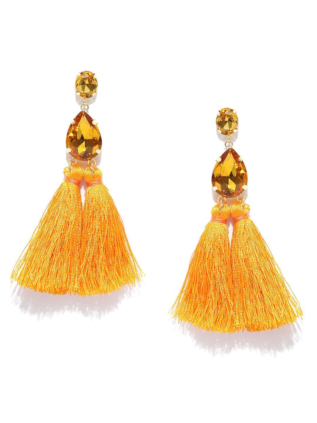 jewels galaxy yellow gold-plated stone-studded tasselled drop earrings