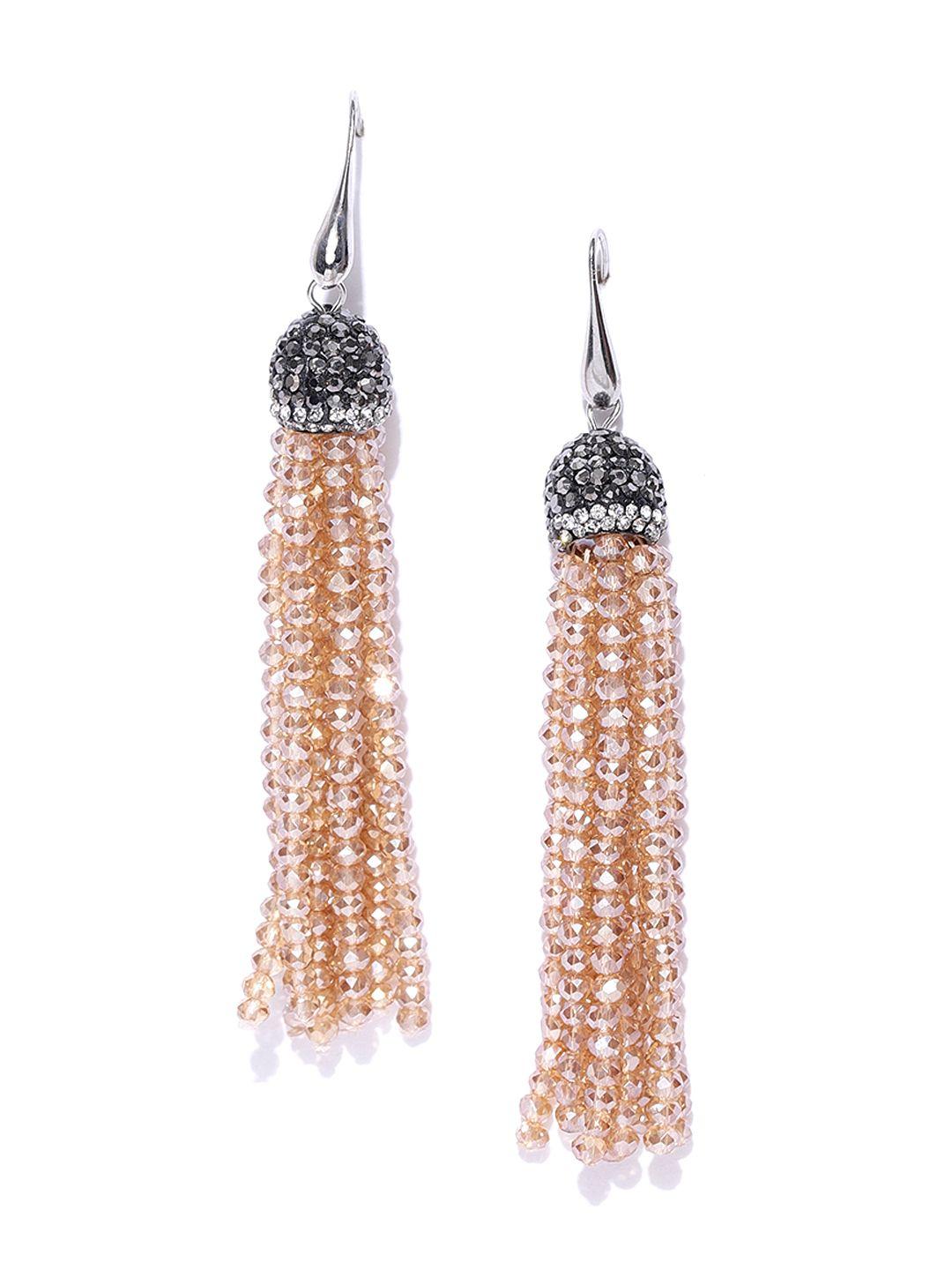 jewels galaxy beige & black silver-plated handcrafted tasselled drop earrings