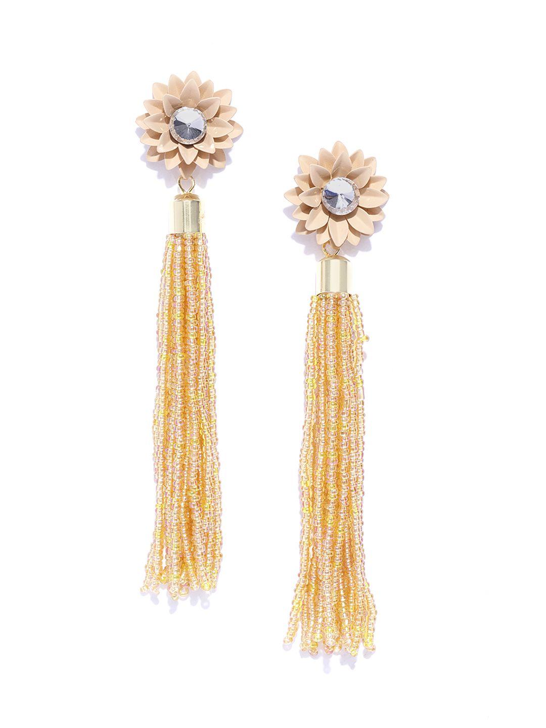 jewels galaxy beige & yellow gold-plated beaded tasselled handcrafted floral drop earrings