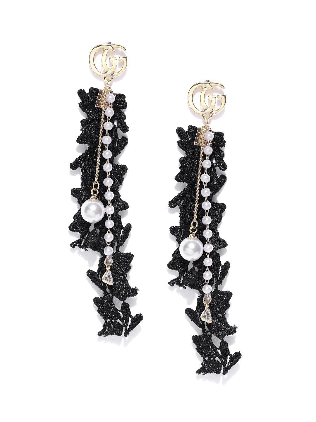 jewels galaxy black & off-white gold-plated contemporary drop earrings