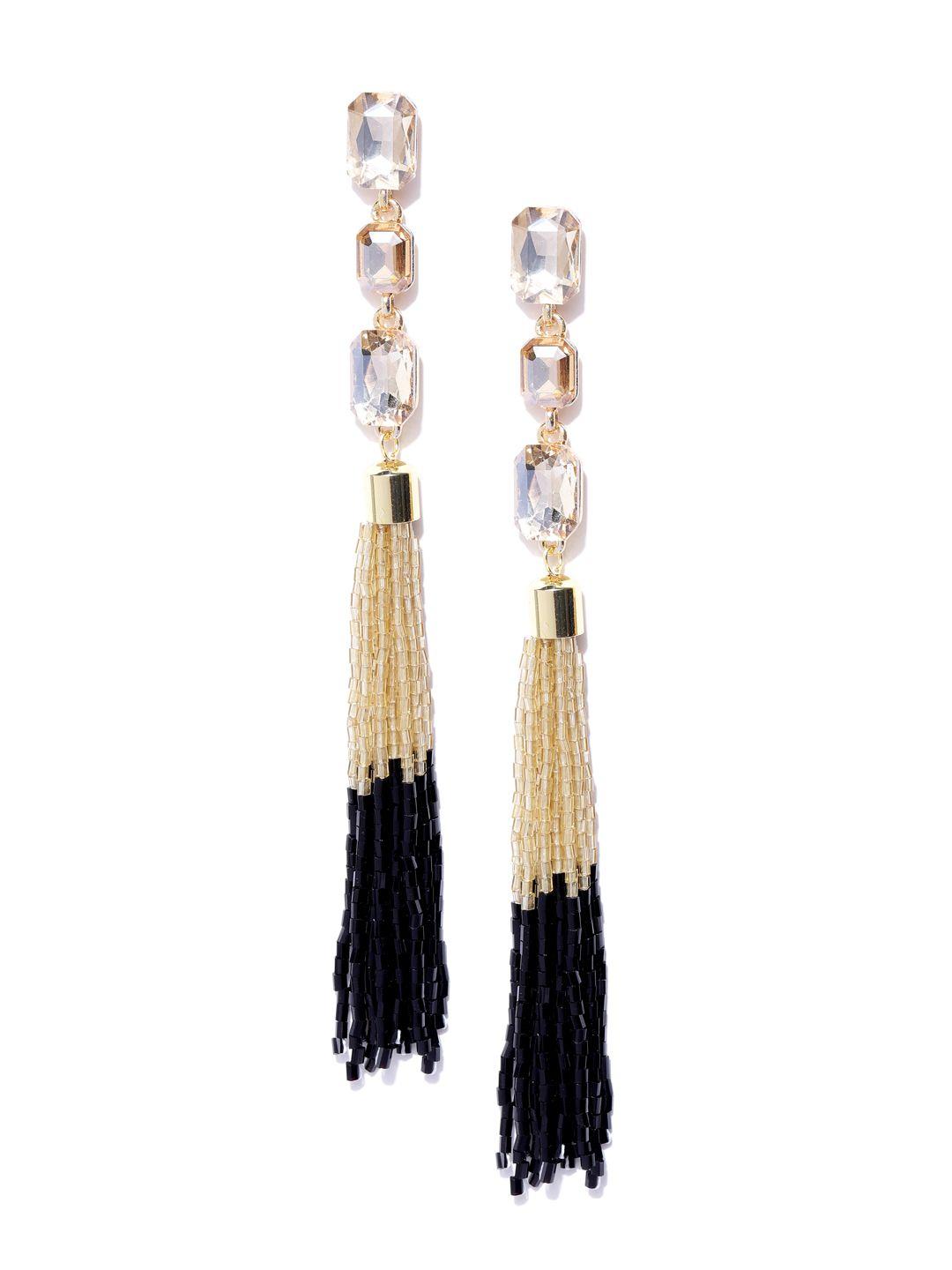 jewels galaxy black gold-plated stone-studded handcrafted tasselled drop earrings