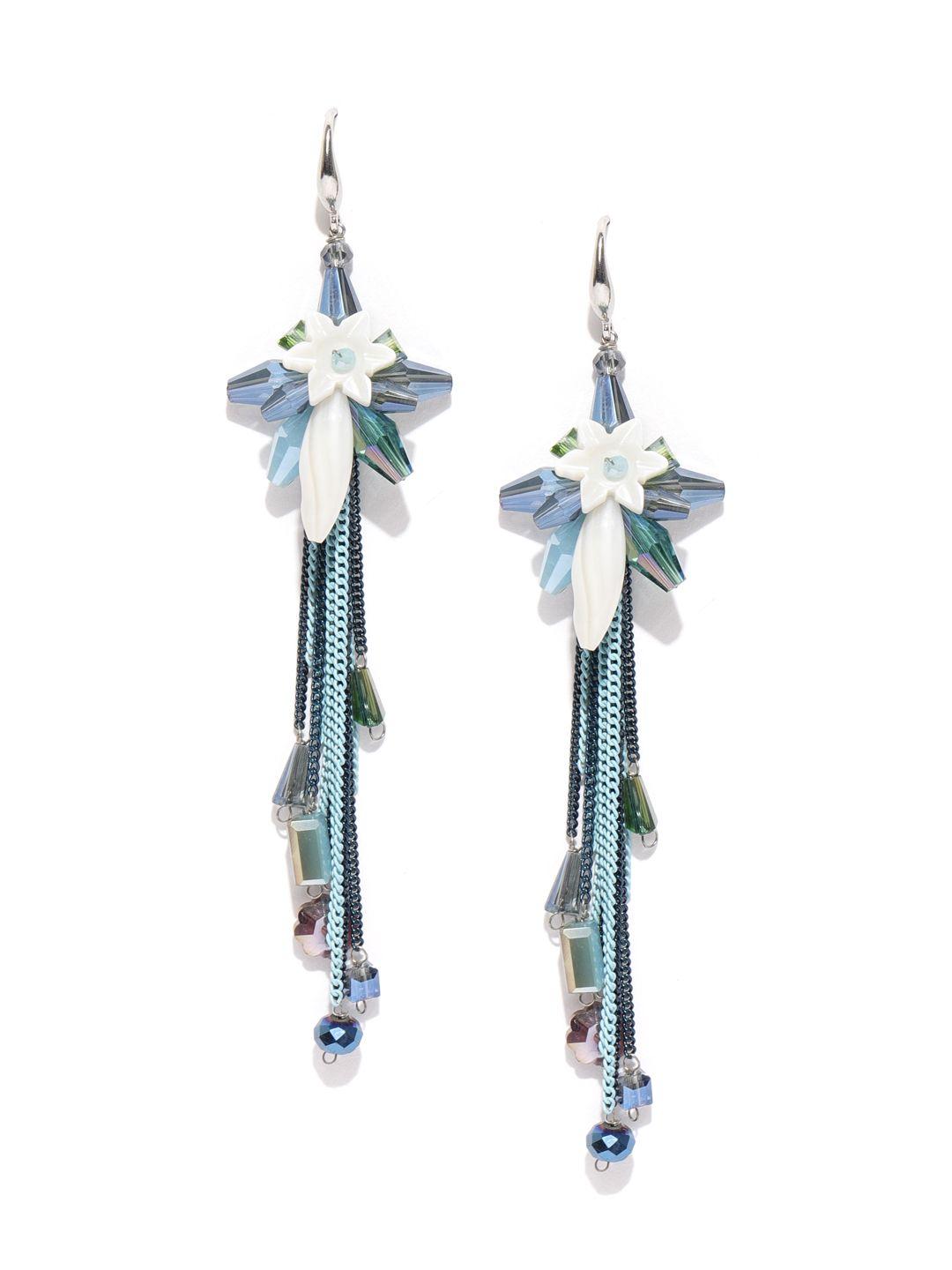 jewels galaxy blue & white silver-plated handcrafted drop earrings