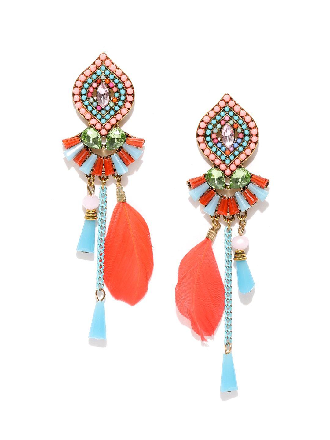 jewels galaxy coral orange & blue gold-plated beaded handcrafted drop earrings