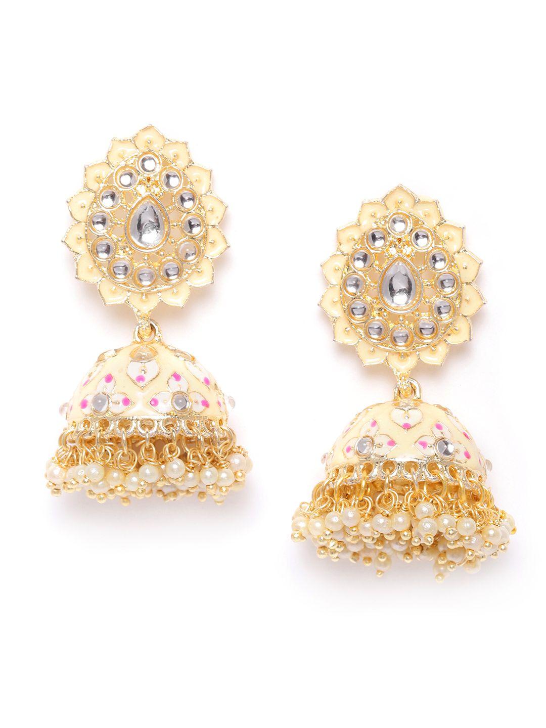jewels galaxy cream-coloured gold-plated stone studded enamelled dome shaped jhumkas