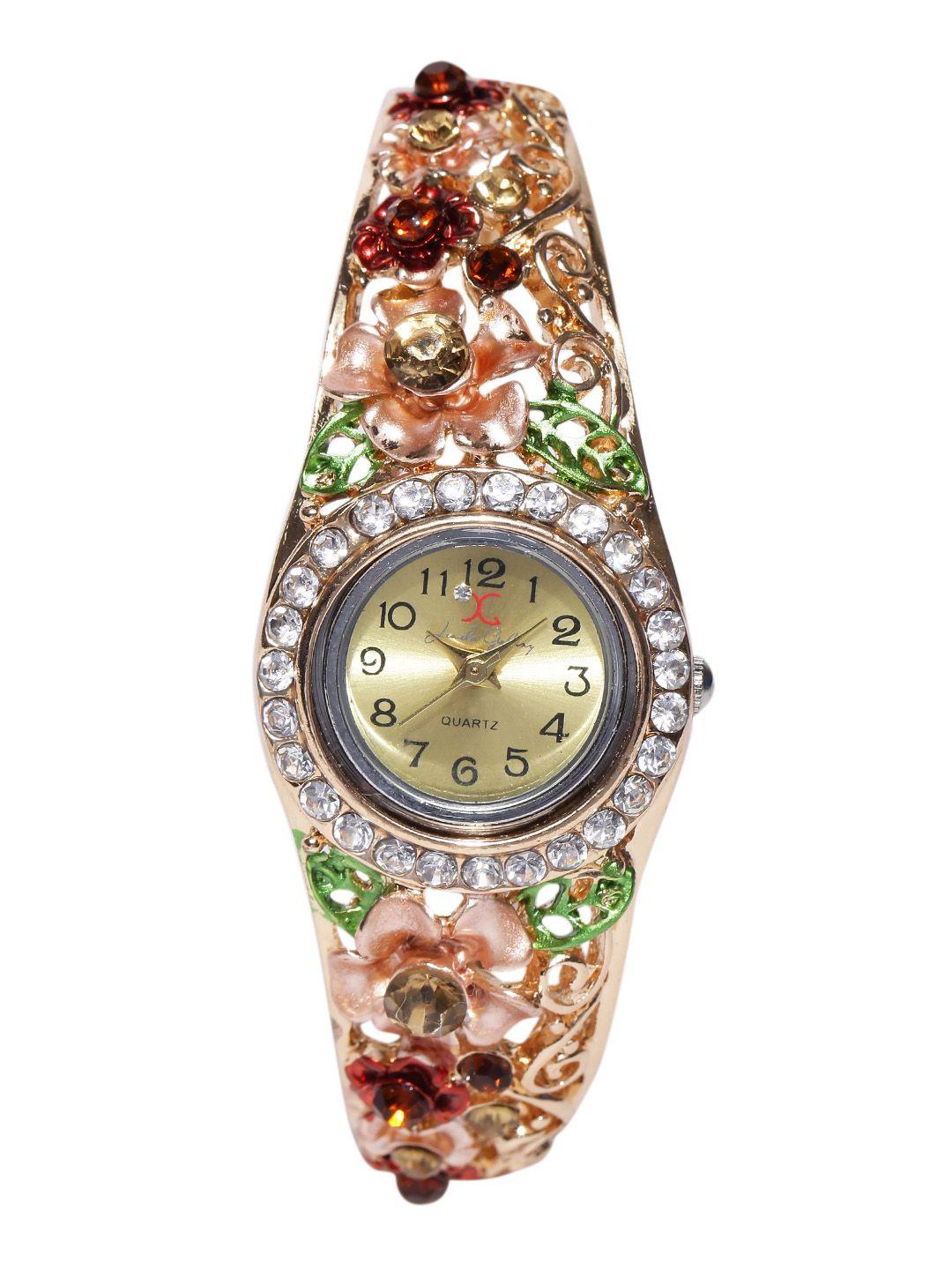 jewels galaxy maroon & green gold-plated handcrafted bracelet cum watch