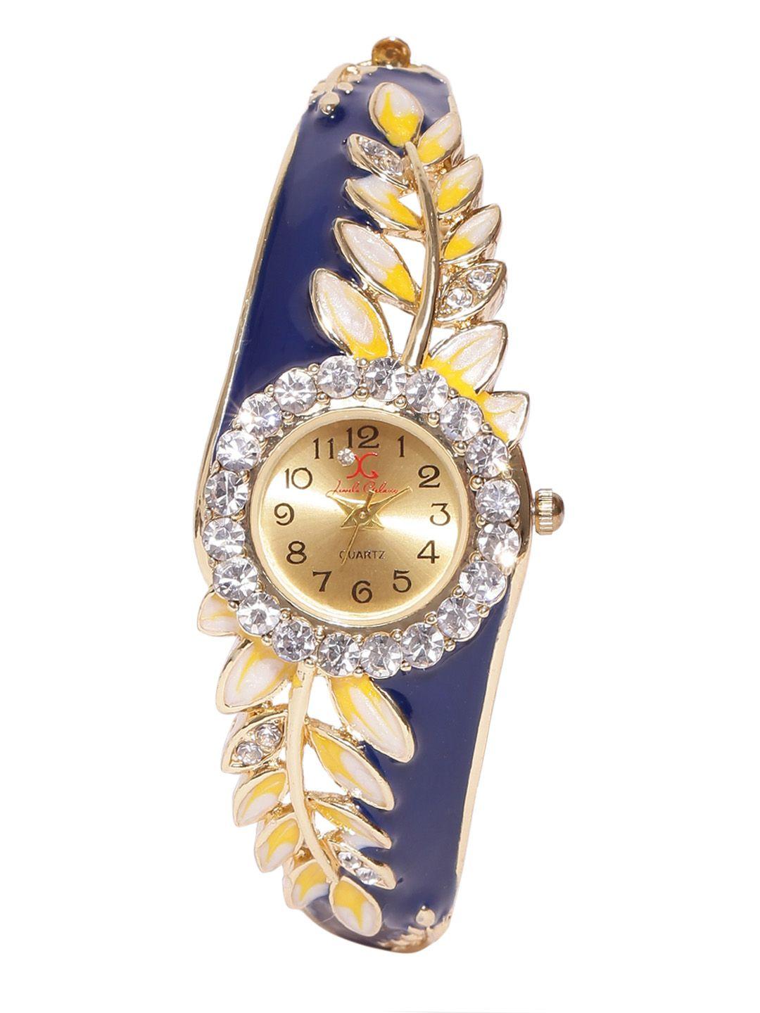 jewels galaxy navy & off-white gold-plated handcrafted bangle-style bracelet cum watch