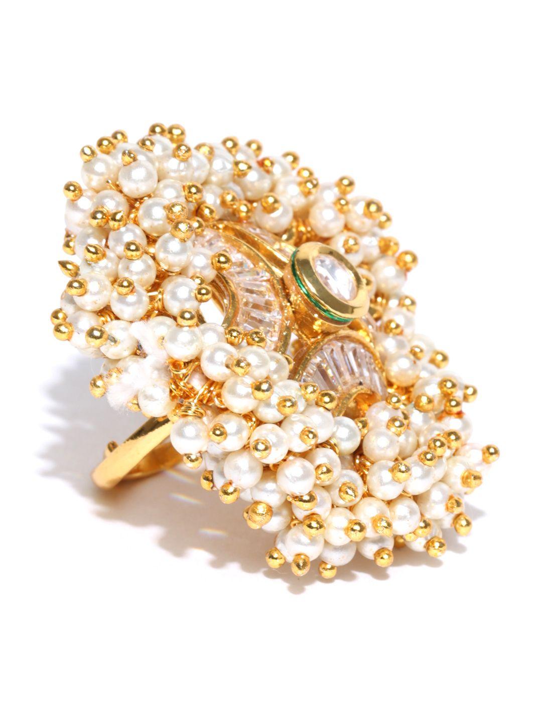 jewels galaxy off-white & gold-toned beaded stone-studded ring