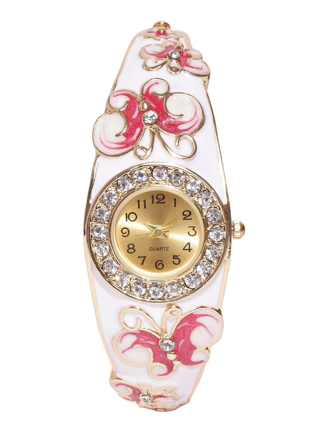 jewels galaxy off-white & pink gold-plated handcrafted bracelet cum watch