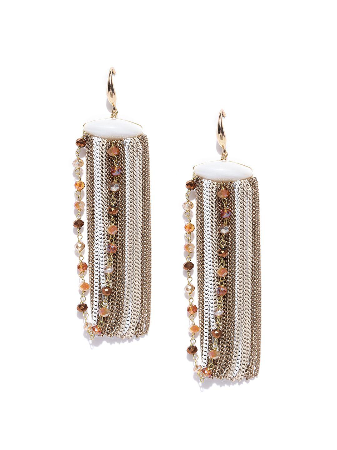 jewels galaxy off-white gold-plated tasselled beaded handcrafted drop earrings