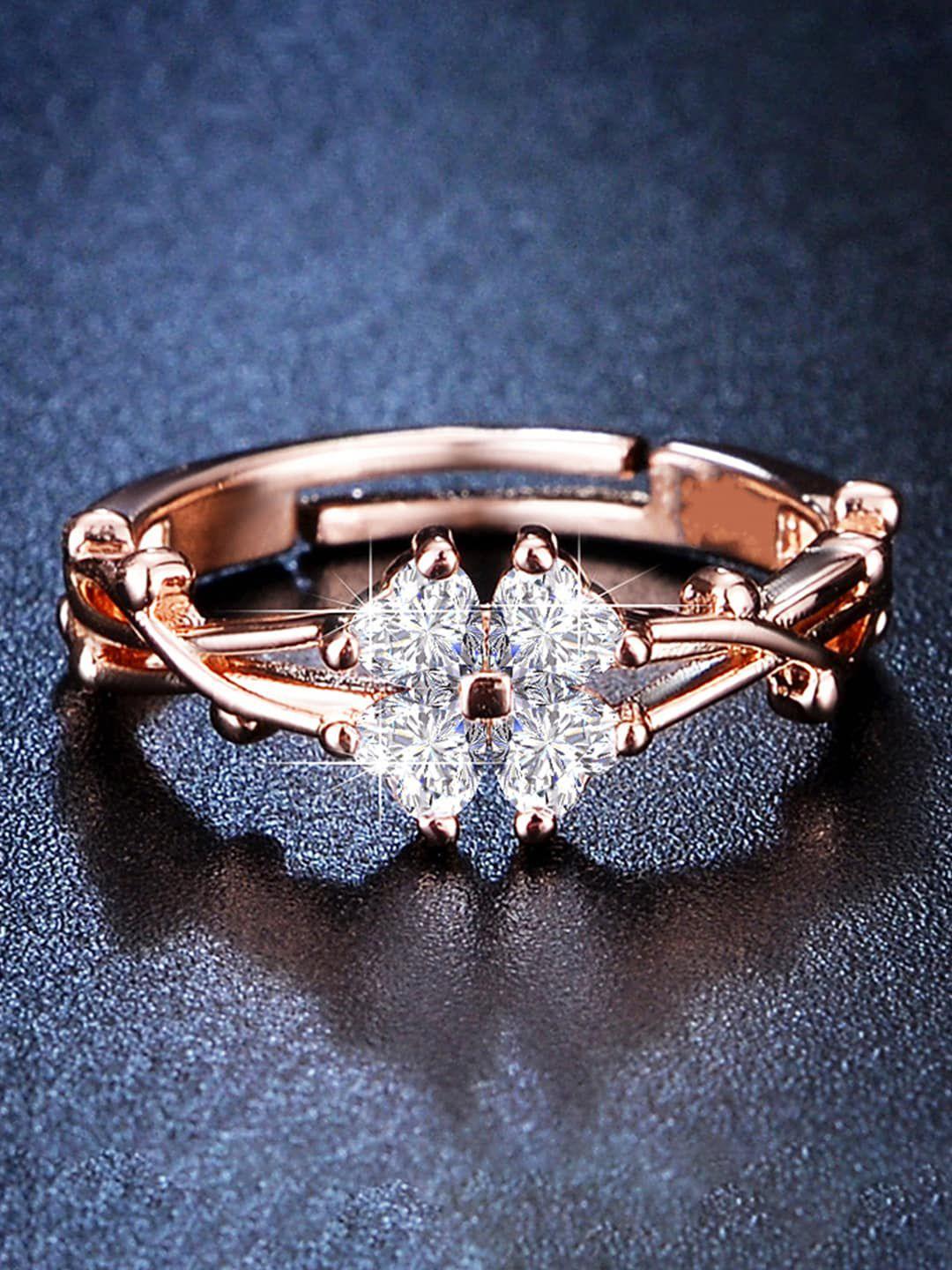 jewels galaxy rose gold plated ad studded floral anti tarnish adjustable finger ring