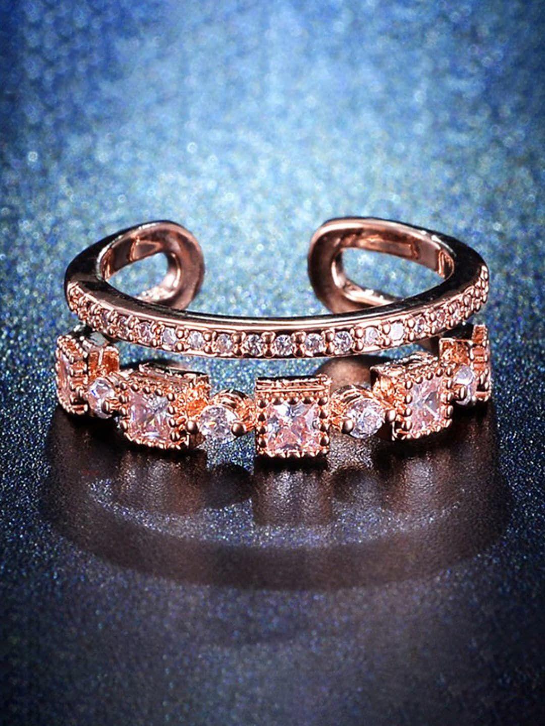 jewels galaxy rose gold plated ad studded square checkered adjustable finger ring