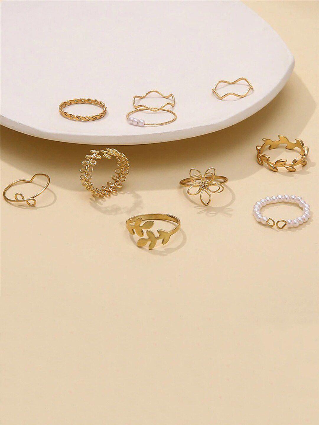jewels galaxy set of 10 gold-plated floral stackable adjustable finger rings