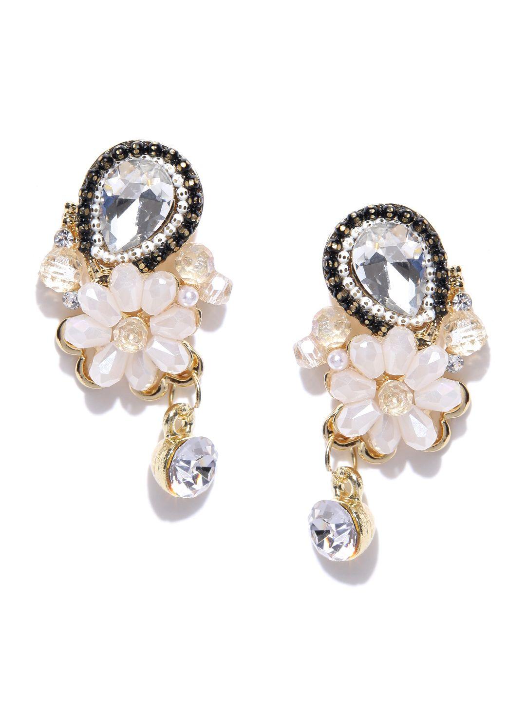 jewels galaxy white & black gold-plated handcrafted floral drop earrings