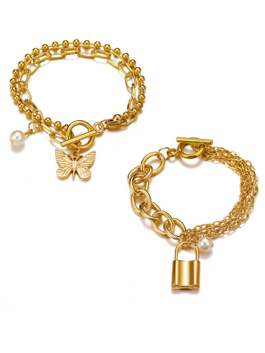 jewels galaxy women set of 2 gold-plated & white link bracelet
