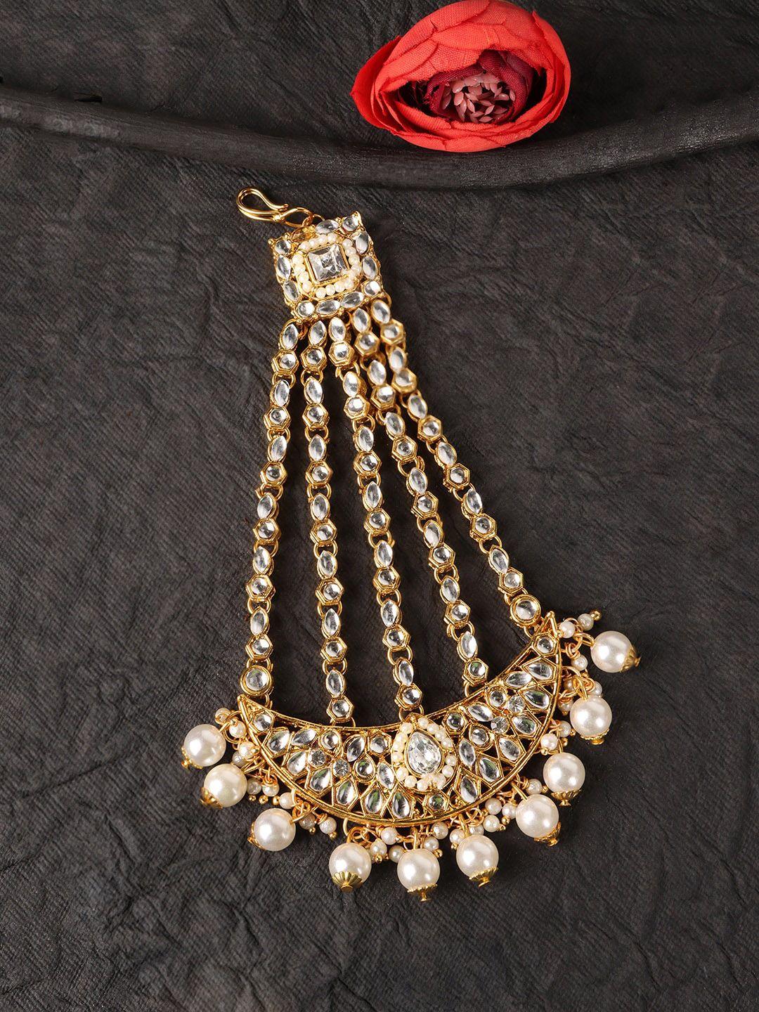 jewels gehna gold-plated & white kundan-studded jhumar passa head jewellery