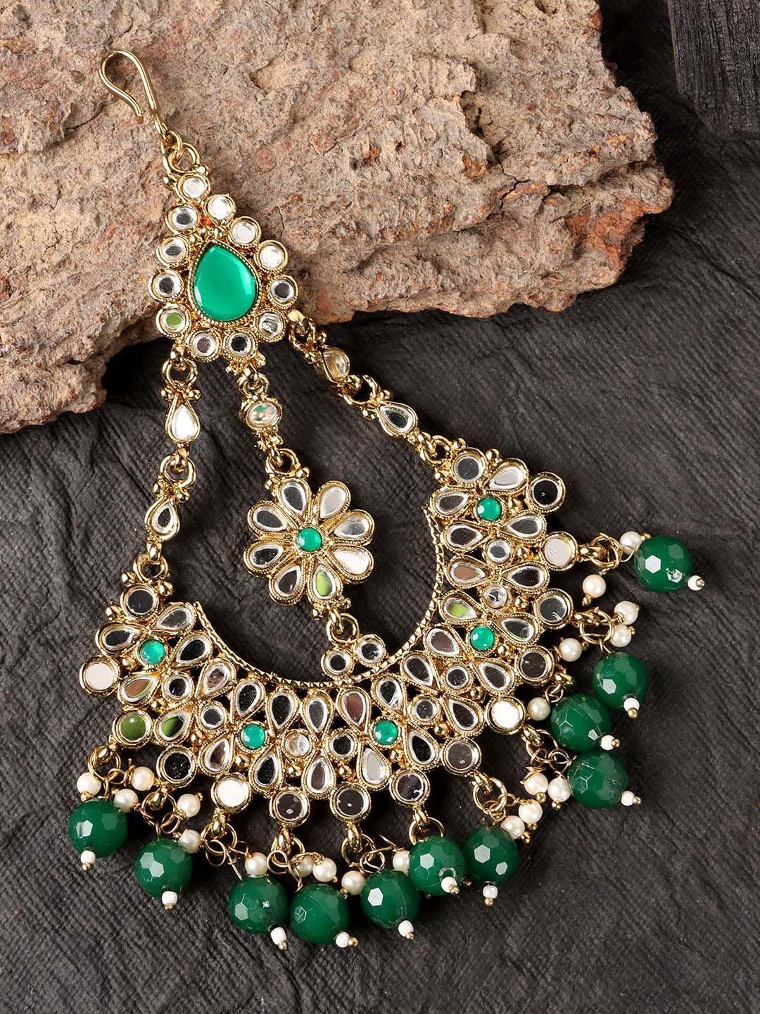 jewels gehna gold plated green & white kundan-studded & beaded jhumar