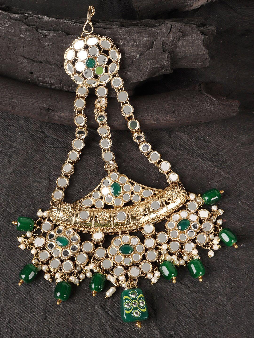 jewels gehna gold plated green & white kundan studded jhumar passa