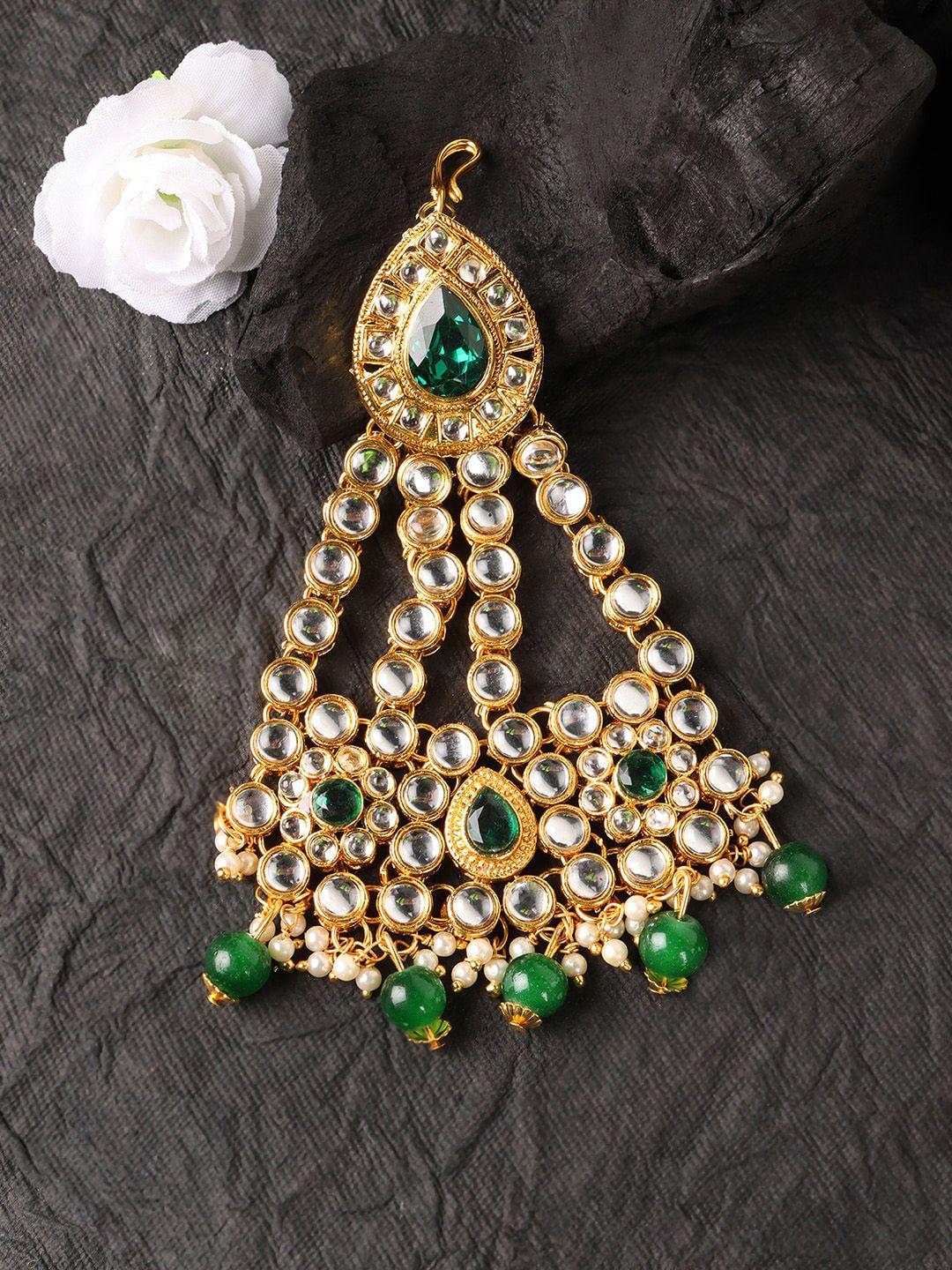 jewels gehna gold-plated green kundan studded jhumar passa head jewellery