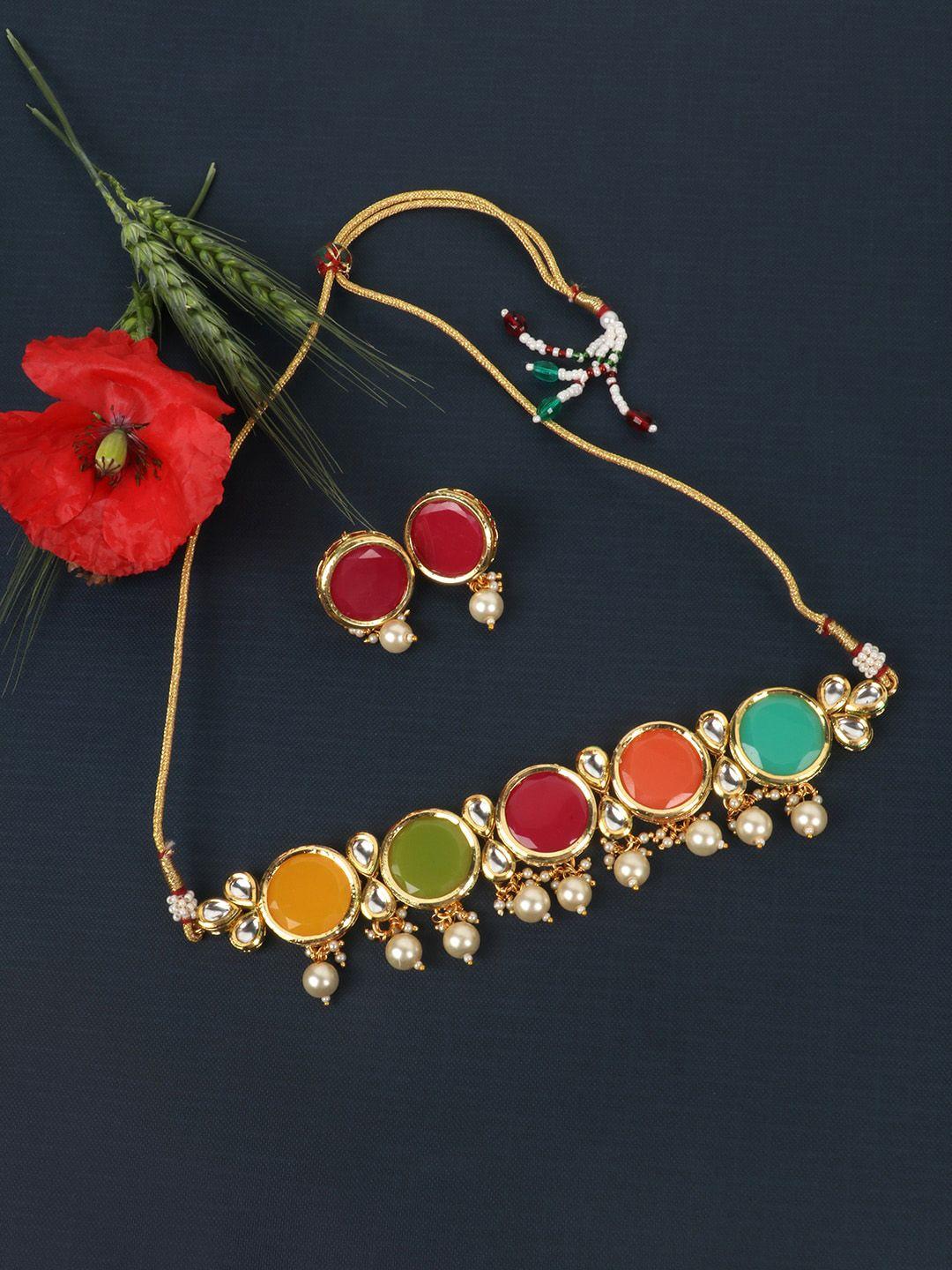 jewels gehna gold-plated multi-coloured kundan-studded & beaded jewellery set