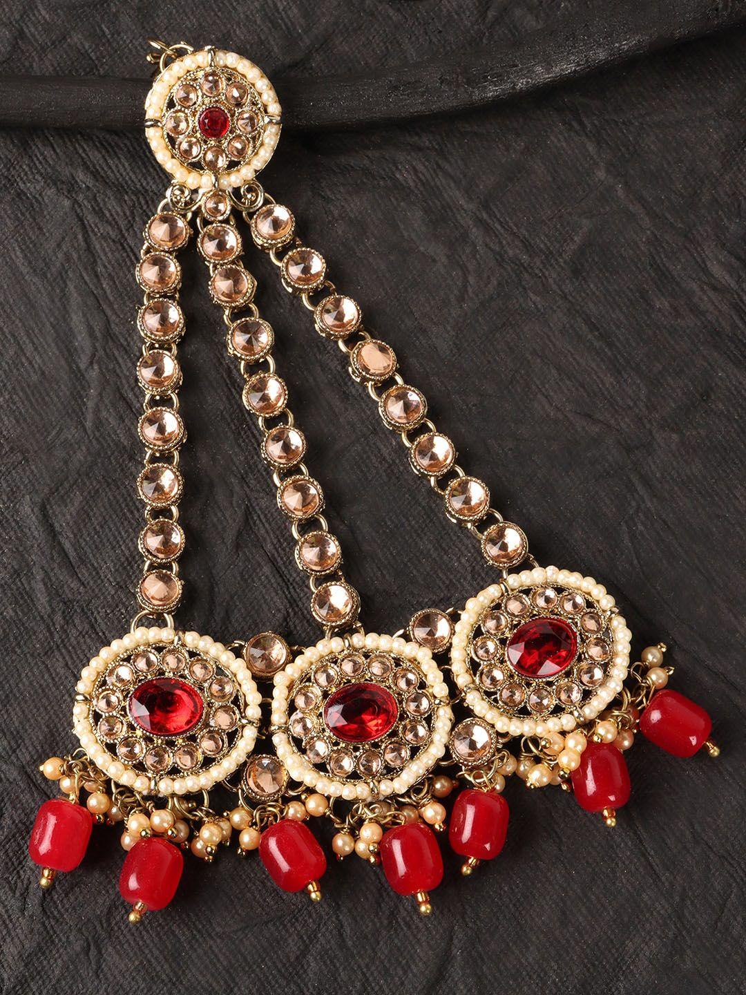 jewels gehna gold-plated red & white kundan-studded & beaded handcrafted jhumar passa