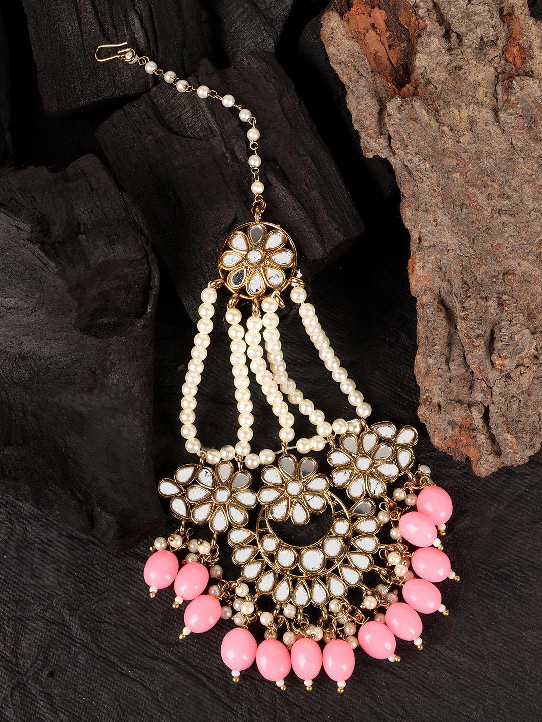 jewels gehna gold-plated white & pink kundan-studded & beaded handcrafted jhumar passa