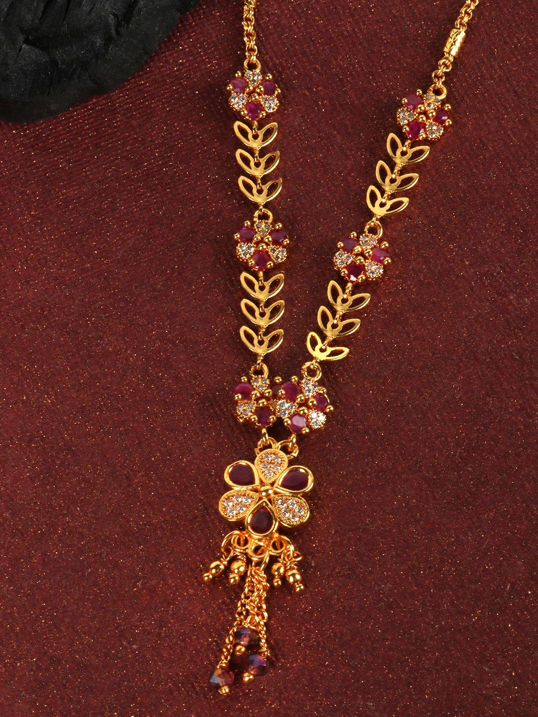 jewels gehna magenta gold-plated ad-studded & beaded handcrafted floral shaped necklace
