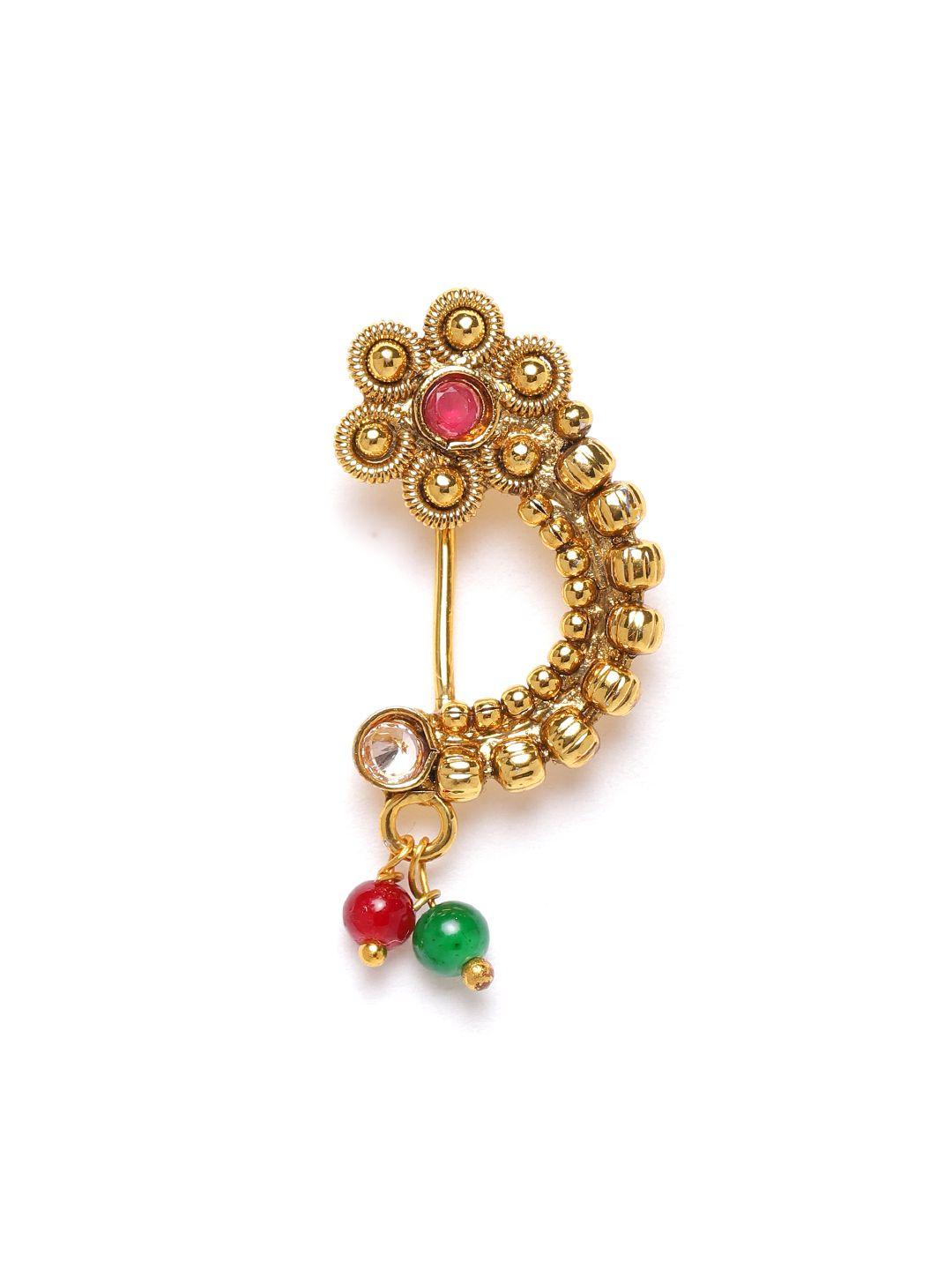 jewels gehna maroon antique gold-plated stone-studded & beaded marathi nose pin