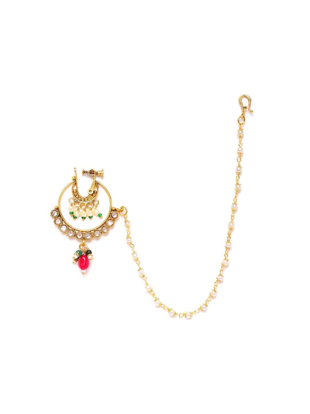 jewels gehna off-white & red gold-plated cz-studded & beaded chained nose ring