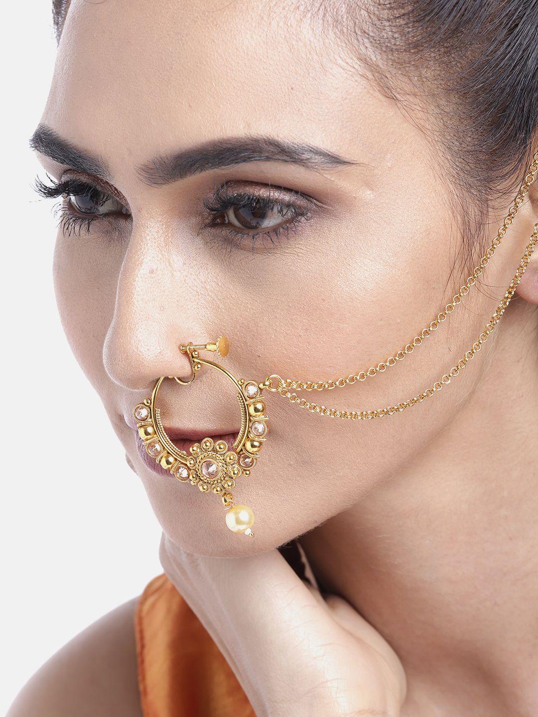 jewels gehna off-white gold-plated cz-studded & beaded chained nose ring