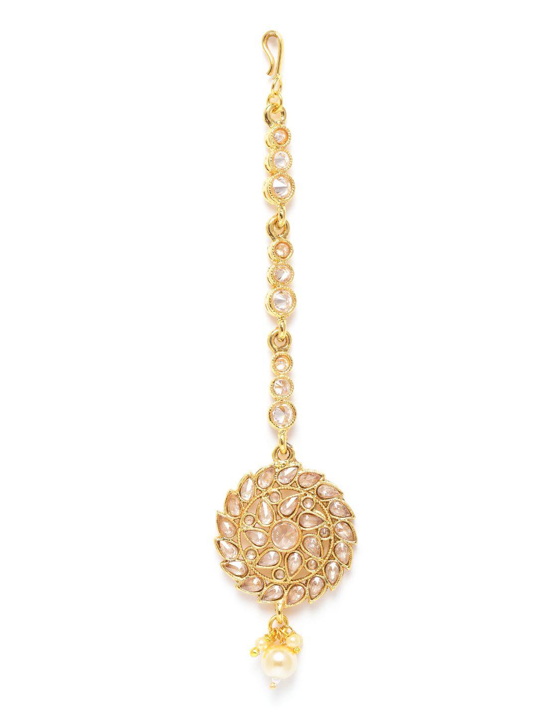 jewels gehna off-white gold-plated stone-studded & beaded floral shaped maang tika