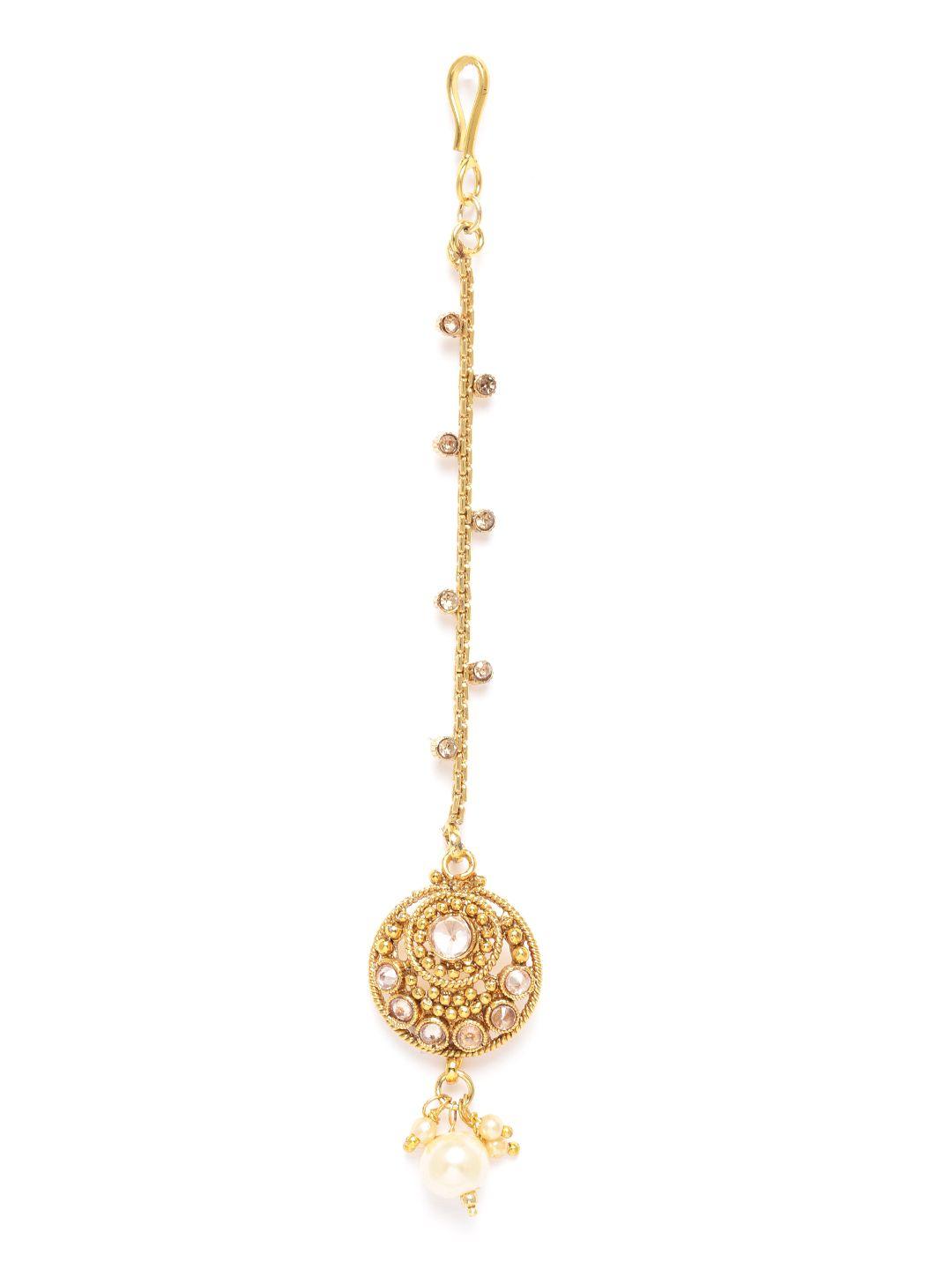 jewels gehna off-white gold-plated stone-studded & beaded maang tika