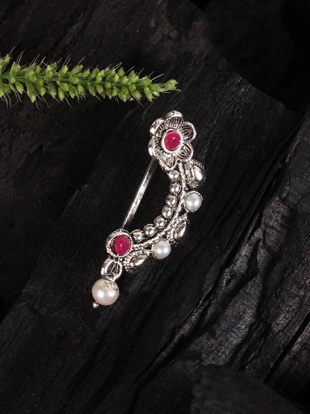 jewels gehna oxidised silver-plated pink stone-studded & white beaded maharashtrian nath