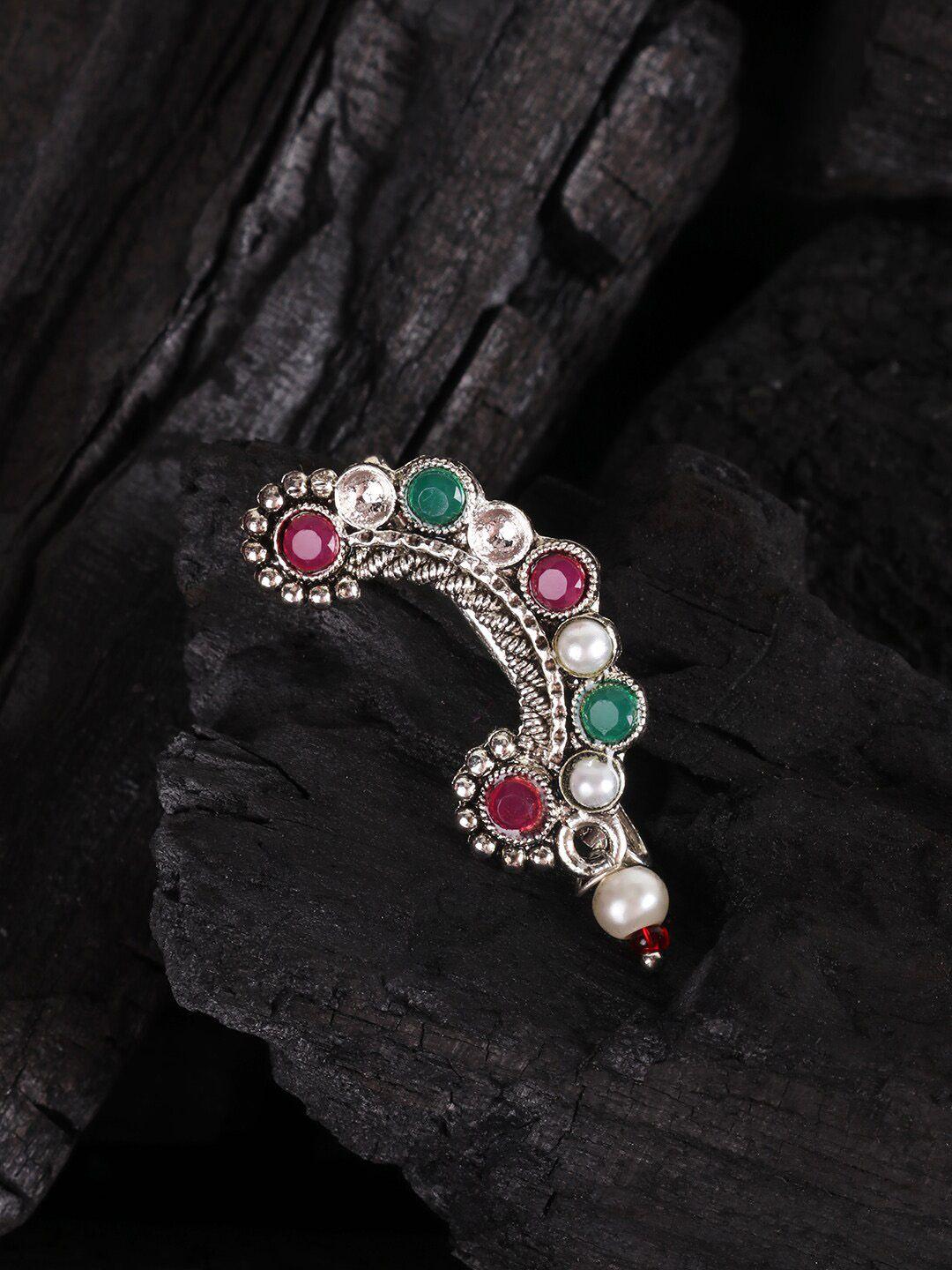 jewels gehna oxidised sliver-plated & cz studded maharashtrian nose pin