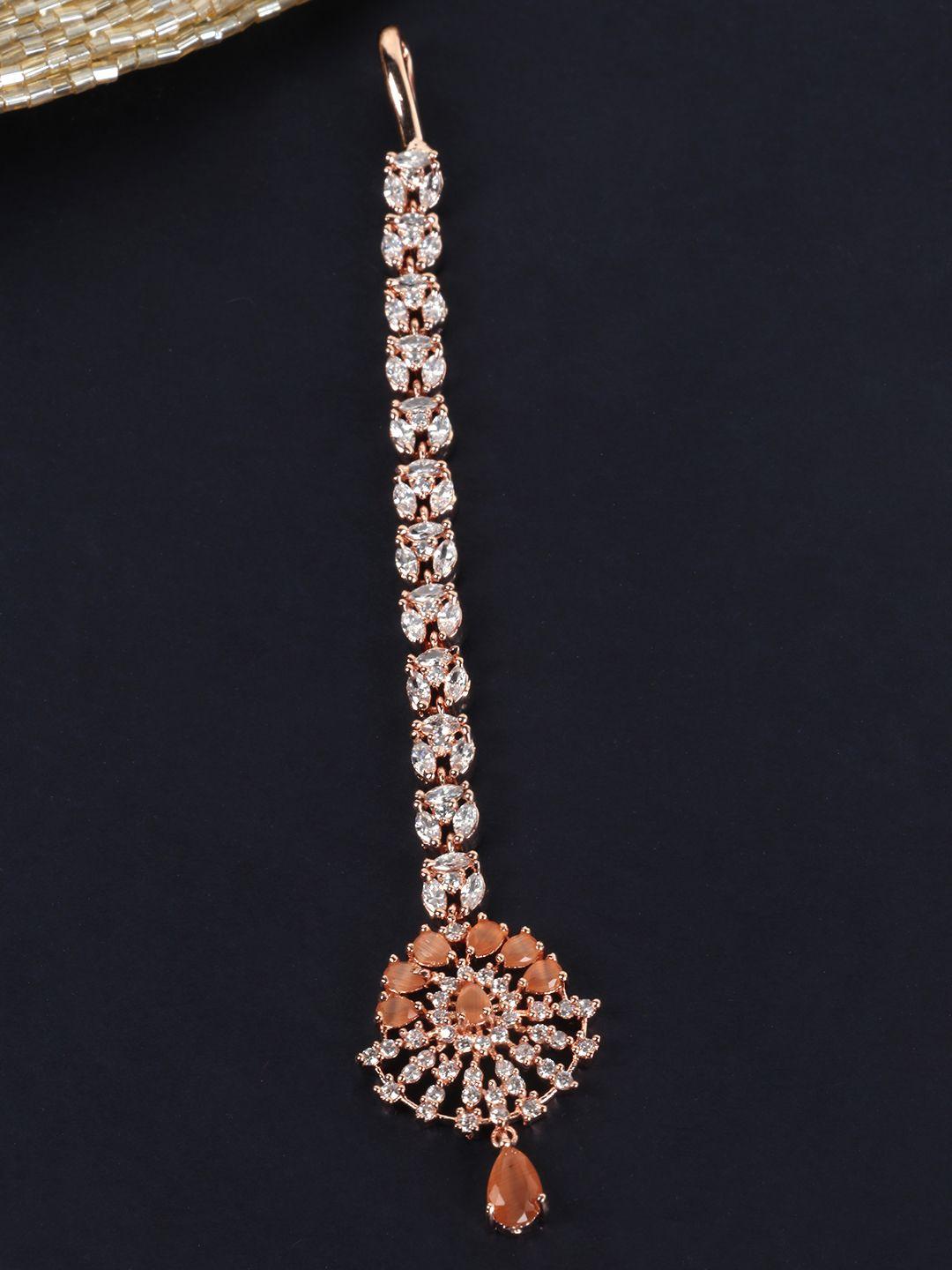 jewels gehna peach-coloured rose gold-plated cz stone-studded handcrafted maang tika