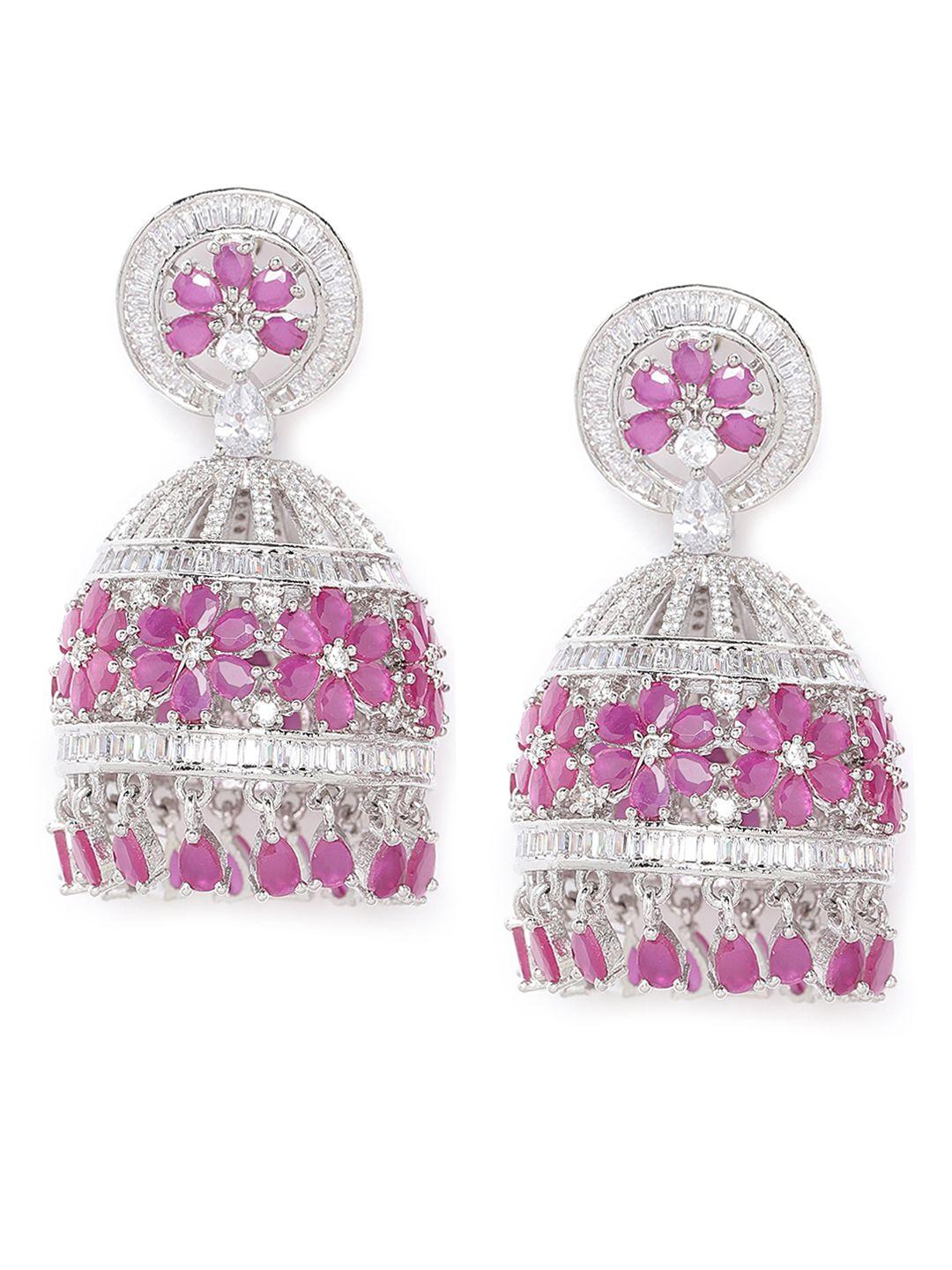 jewels gehna pink silver-plated ad studded handcrafted dome shaped jhumkas
