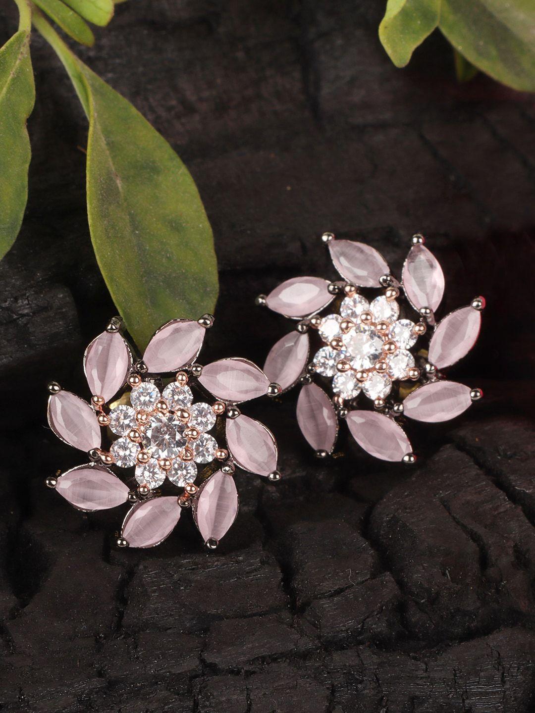 jewels gehna rhodium-plated & pink contemporary studs earrings