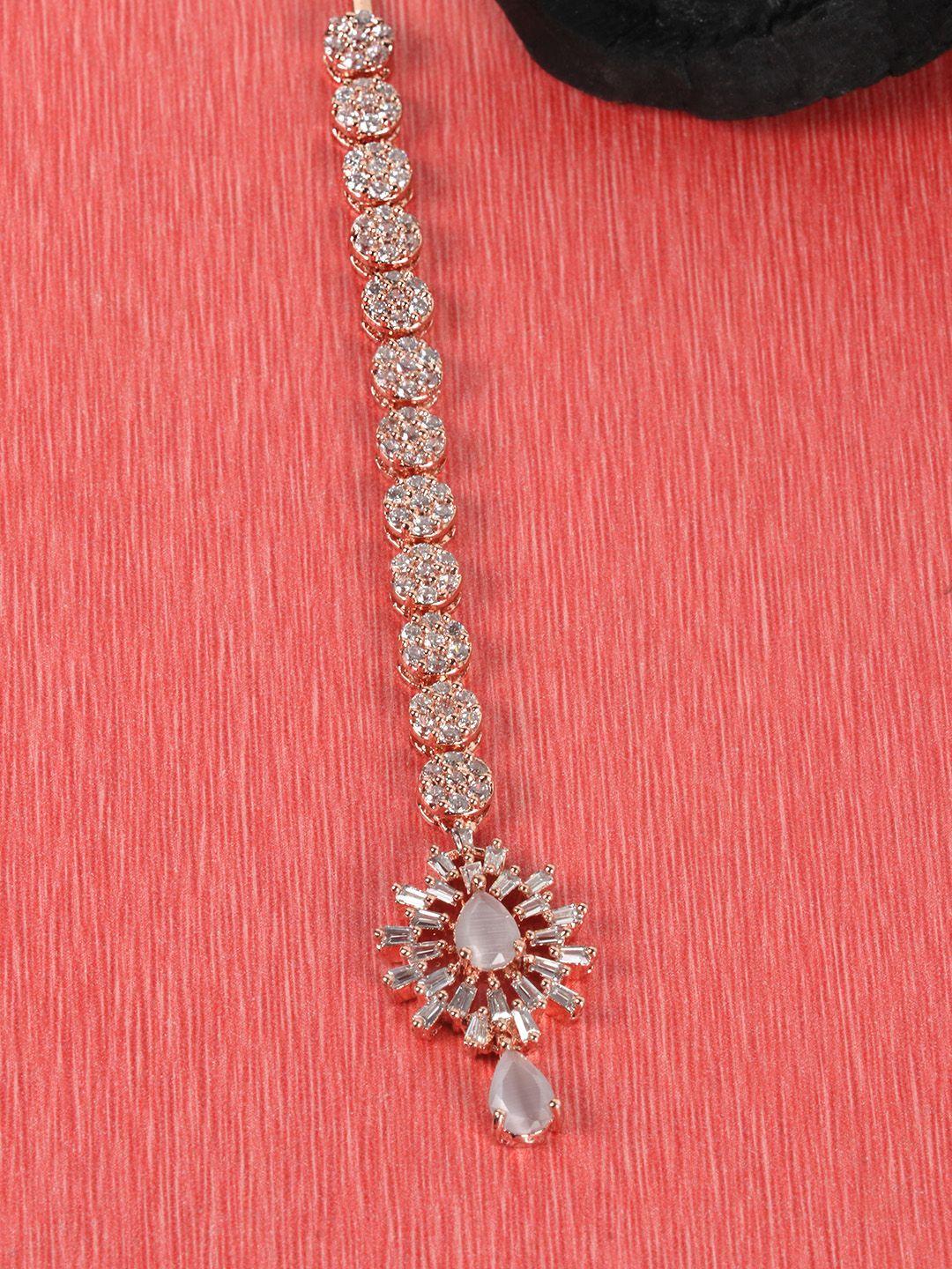 jewels gehna rose gold -plated & grey cz stone studded handcrafted maang tika