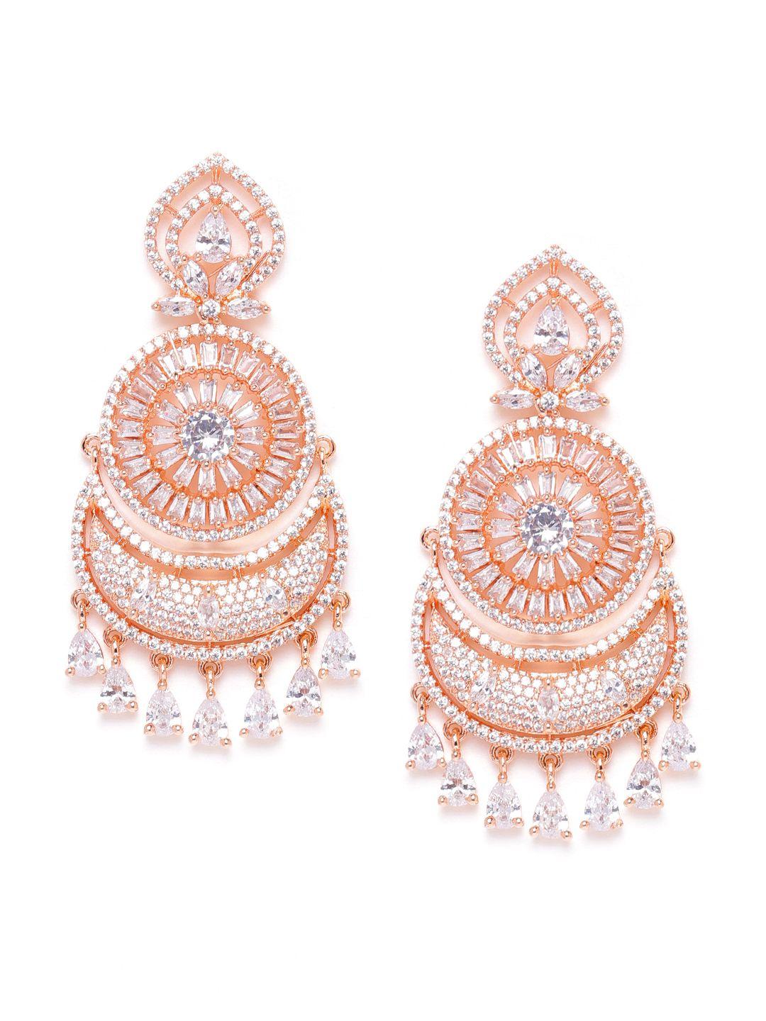 jewels gehna rose gold-plated handcrafted cz-studded crescent-shaped chandbalis