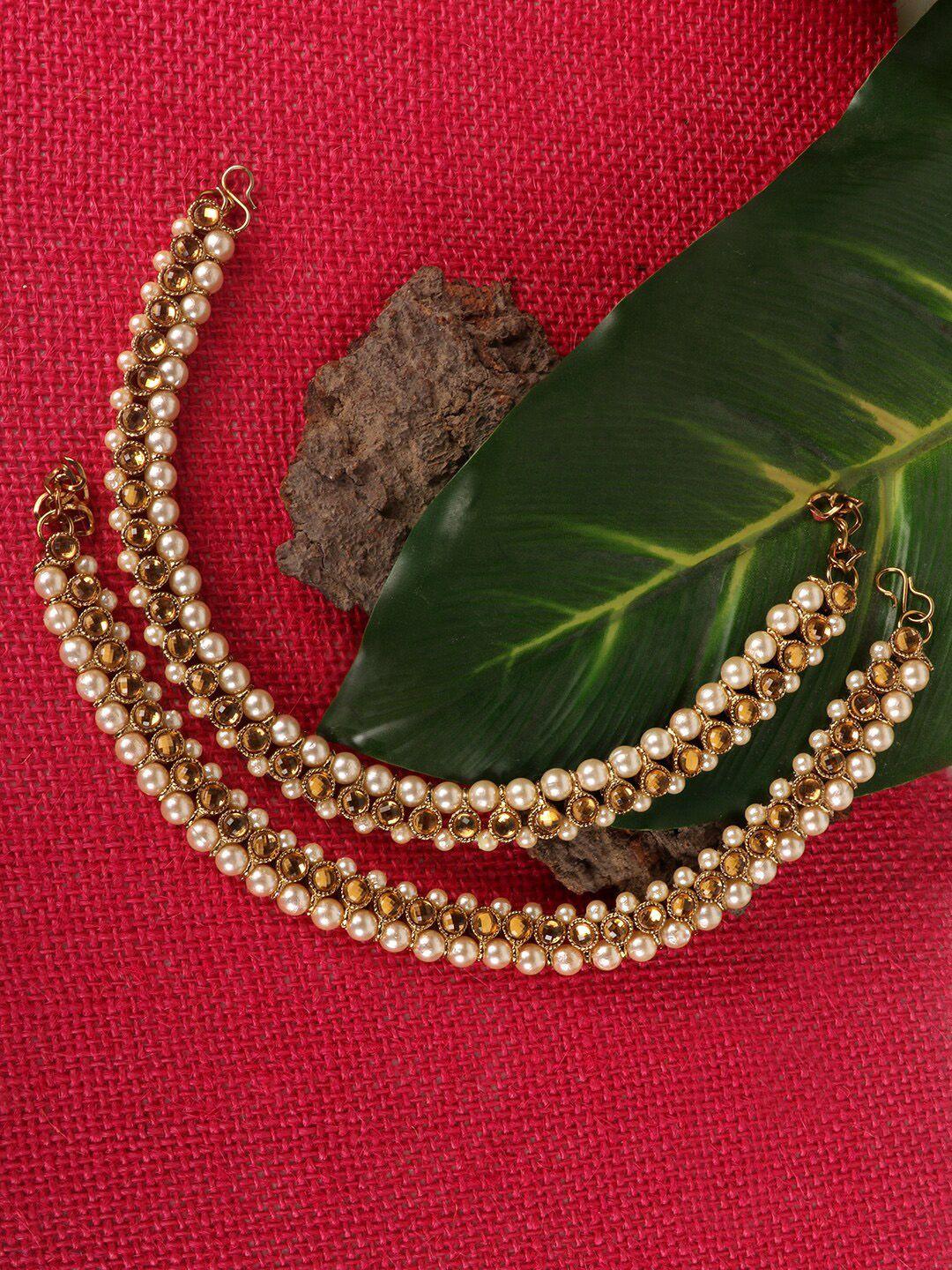 jewels gehna set of 2 women gold-toned bridal look stone and pearl studded anklet