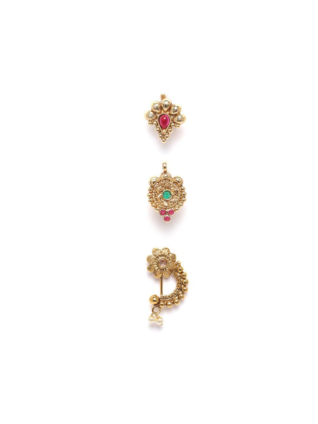 jewels gehna set of 3 gold-toned cz studded & beaded nose pins