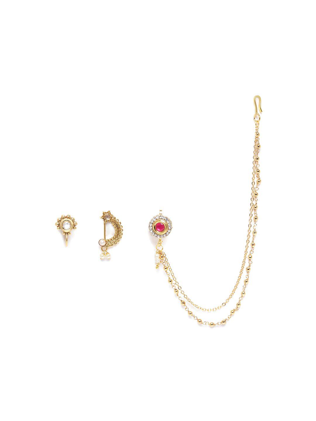 jewels gehna set of 3 gold-toned kundan-studded & beaded nose pins