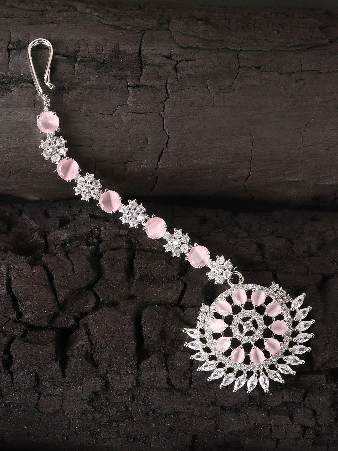 jewels gehna silver-plated white & pink ad-studded maangtikka