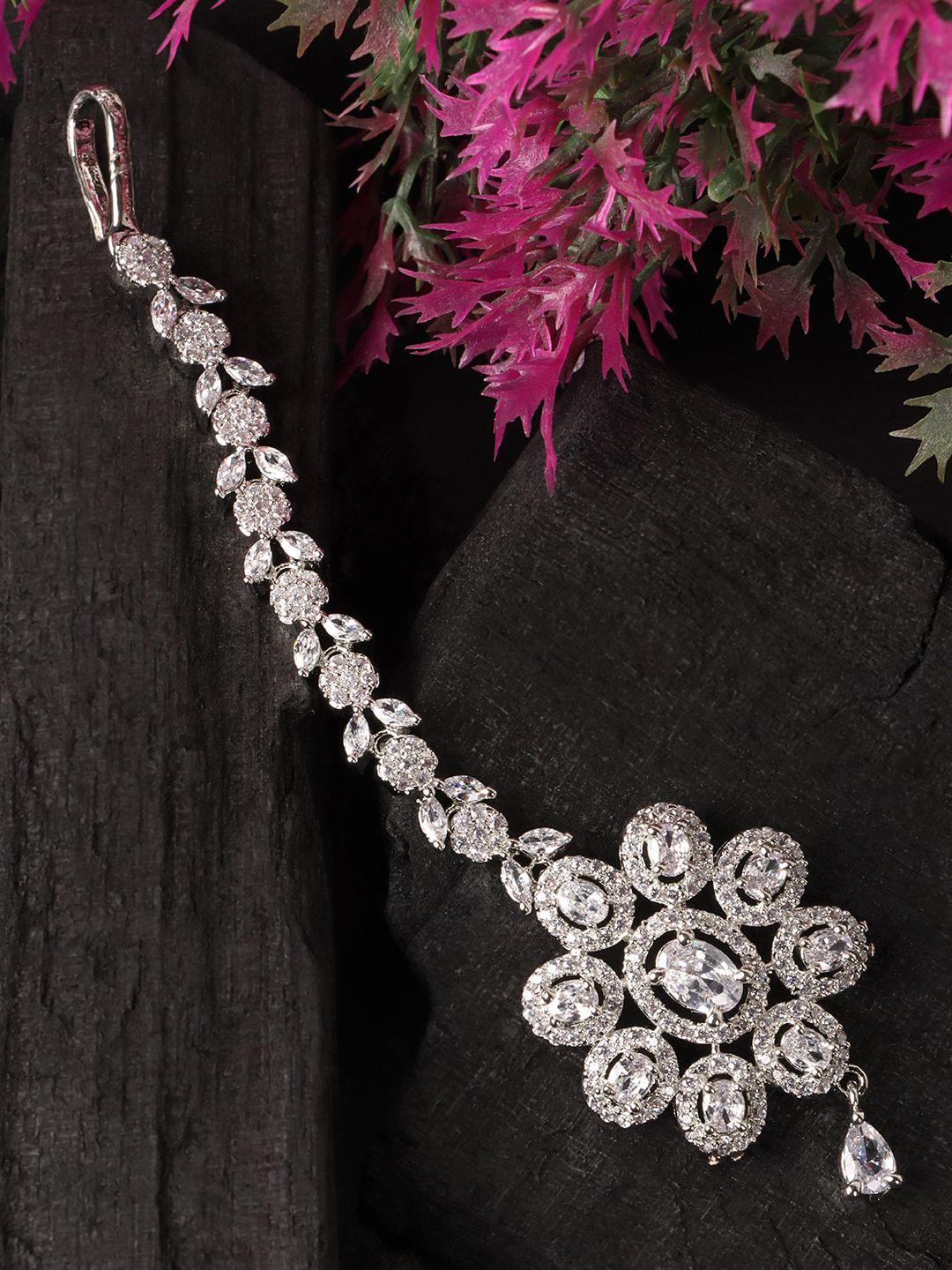jewels gehna silver-plated white ad-studded handcrafted maang tikka