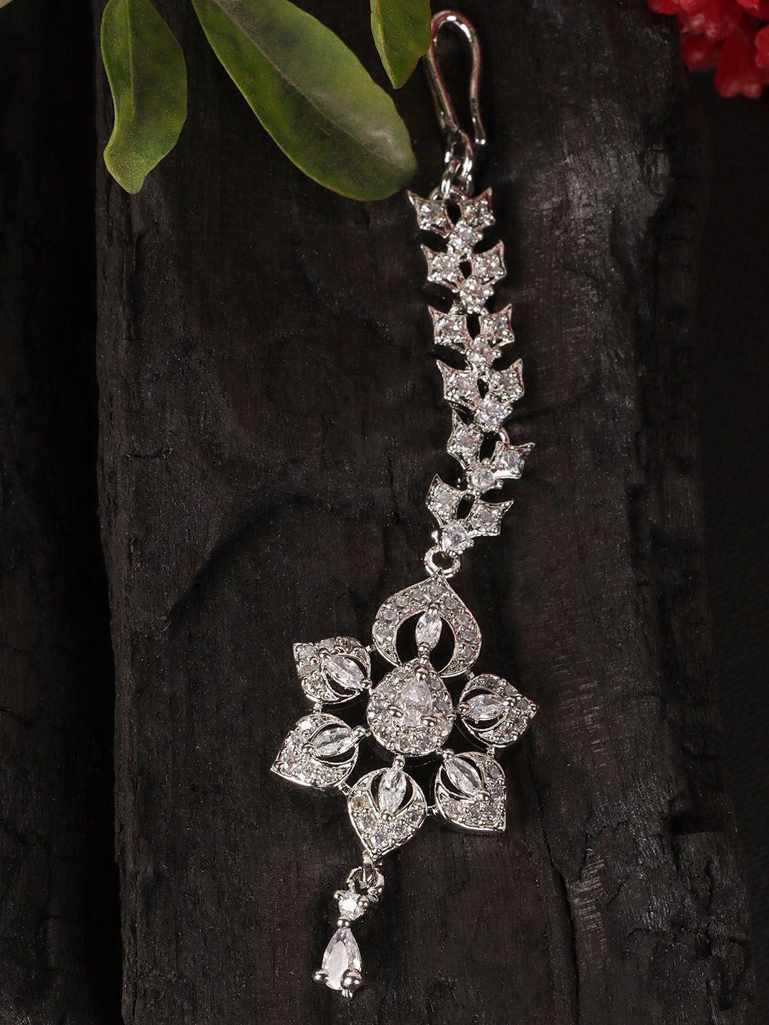 jewels gehna silver-plated white ad-studded maang tikka