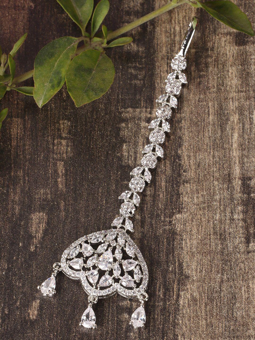 jewels gehna silver-plated white ad-studded maang tikka